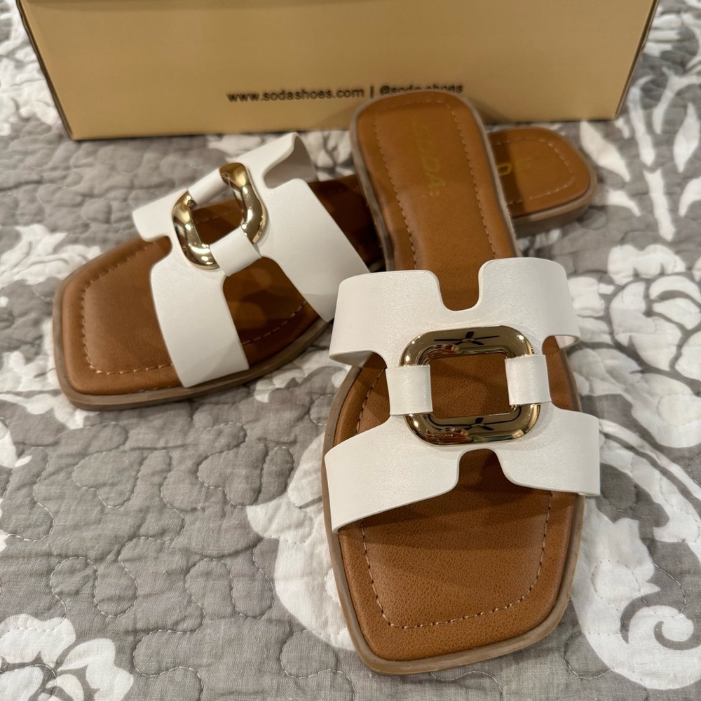 Soda White and Brown Slide Sandals